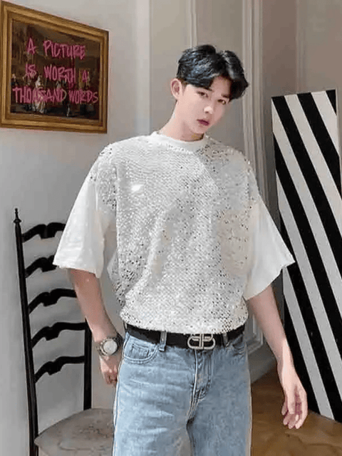 White Mens Black Sequin Shirt