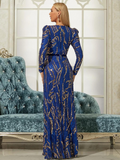 Blue Gold Sequin V Neck Dress Long Sleeve