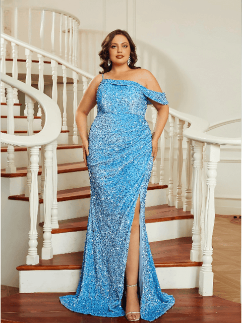 Plus Size Light Blue Sequin Dress Spaghetti Strap