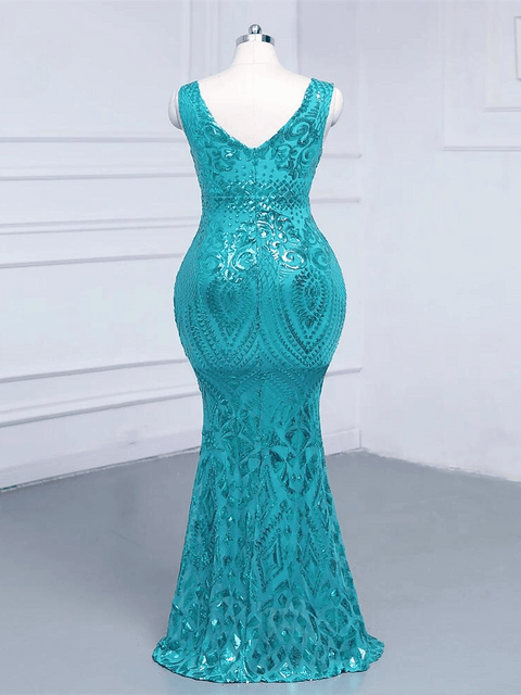 Plus Size Blue Sequin V Neck Strapless Dress