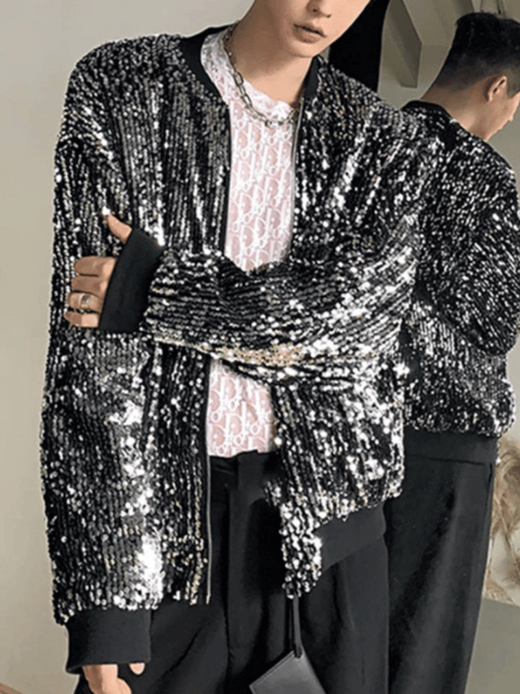 Mens Silver Sequin Bomber Jacket