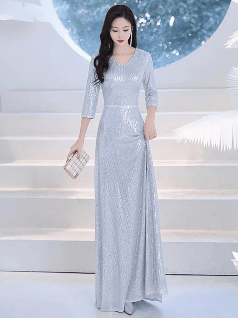 Long Silver Sequin Evening Dress 3/4 Sleeve