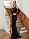 Long Black Sequin Dress Slit Long Sleeve