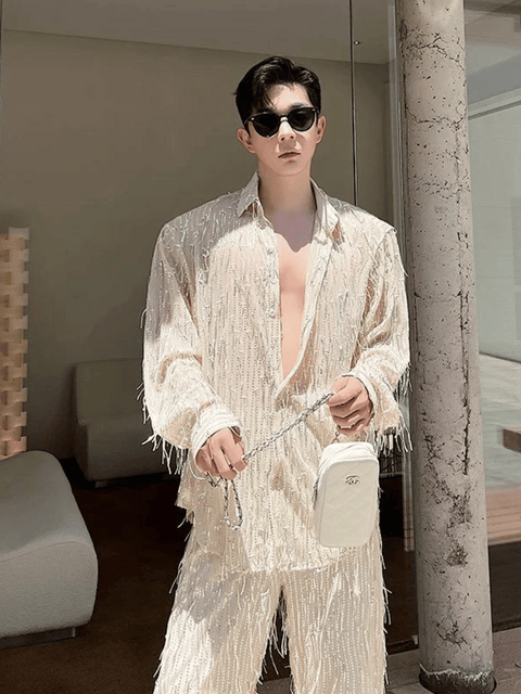 Apricot Mens Sequin Shirt Fringes