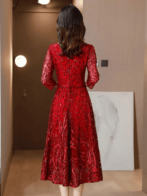 Long Sleeve Red Sequin Dress