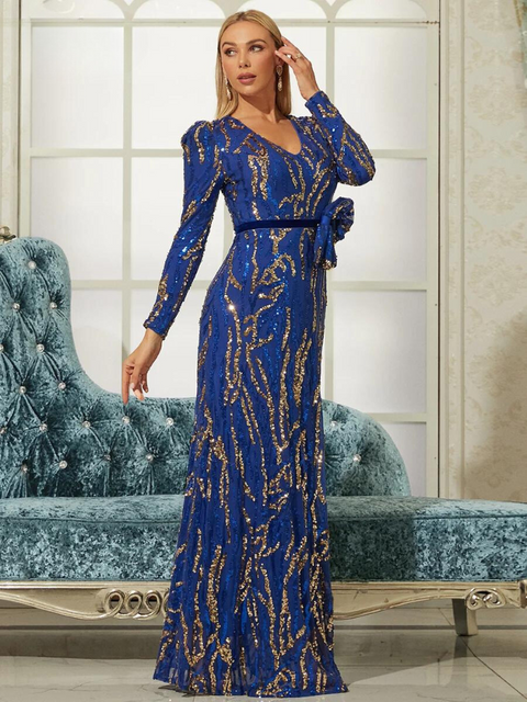 Blue Gold Sequin V Neck Dress Long Sleeve