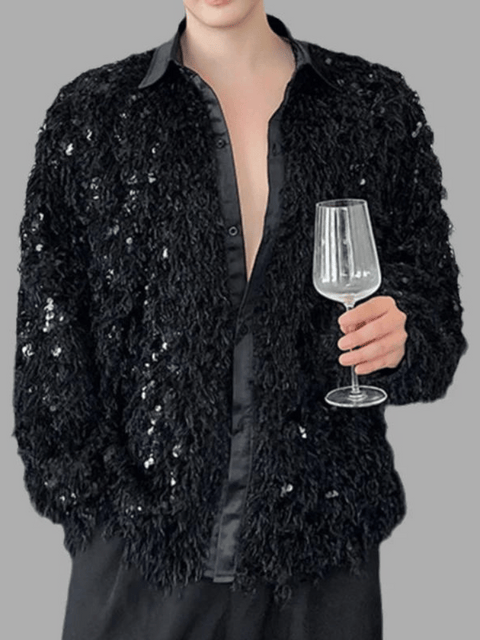 Black Mens Sequin Shirt Feather