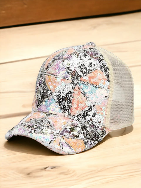 Sequin Baseball Cap Geometric white rose