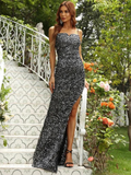 Silver Black Sequins Dress With Straps