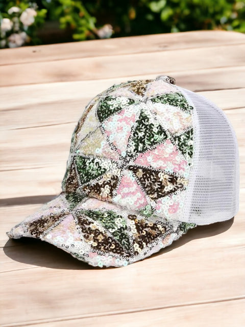 Sequin Baseball Cap Geometric white