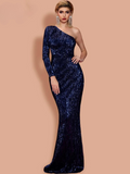 Navy Blue Sequin Dress One Shoulder