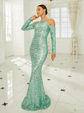 Light Green Sequin Evening Dress Long Sleeve