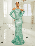 Light Green Sequin Evening Dress Long Sleeve