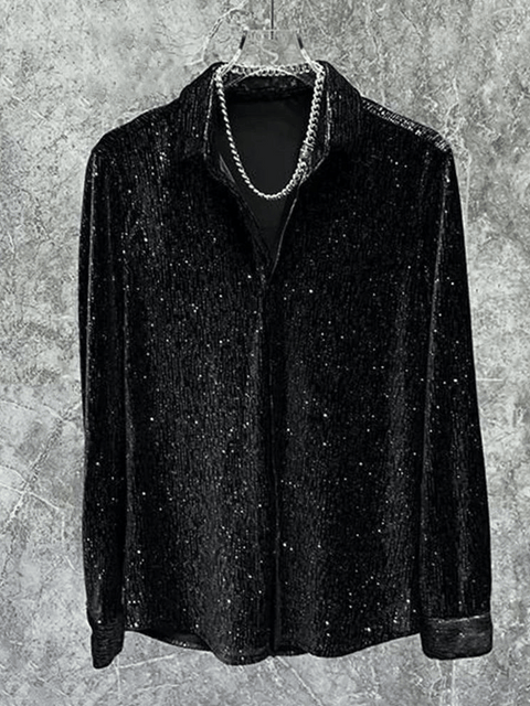 Black  Men's Sequin Shirt Velvet