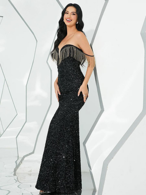 Black Sequin Evening Dress Off Shoulders And Fringes