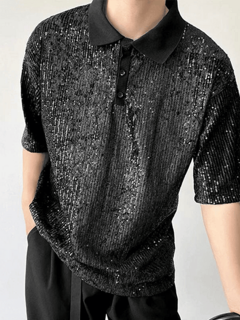 Black Mens Sequin Polo Shirt