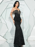 Black Sequin Evening Dress Off Shoulders And Fringes