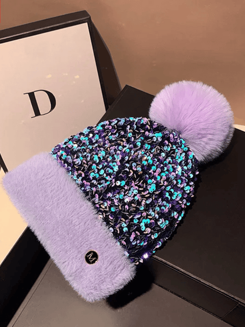 Sequin Pom Pom Beanie Hat