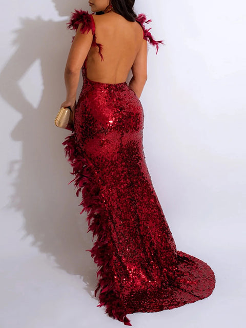 Red Strapless Sequin Feather Dress