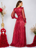 Burgundy Sequined Evening Dress Fringe