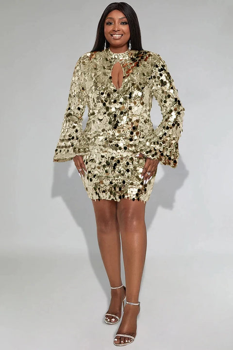 Short Dress Long Sleeves Gold Sequins Plus Size