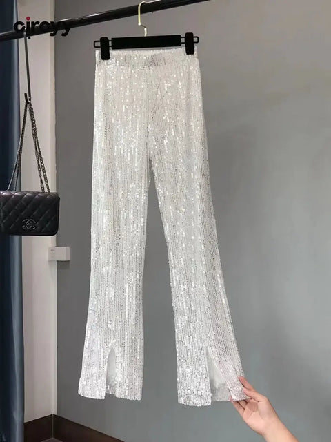 White Women's Sequin Elastic Waist Pants