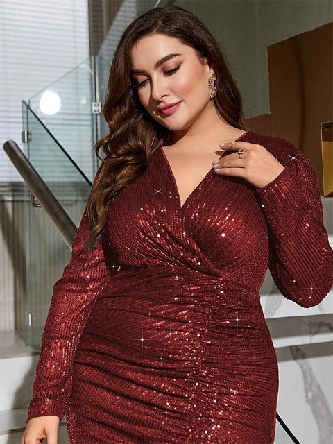 Plus Size Burgundy Maxi Sequin Dress