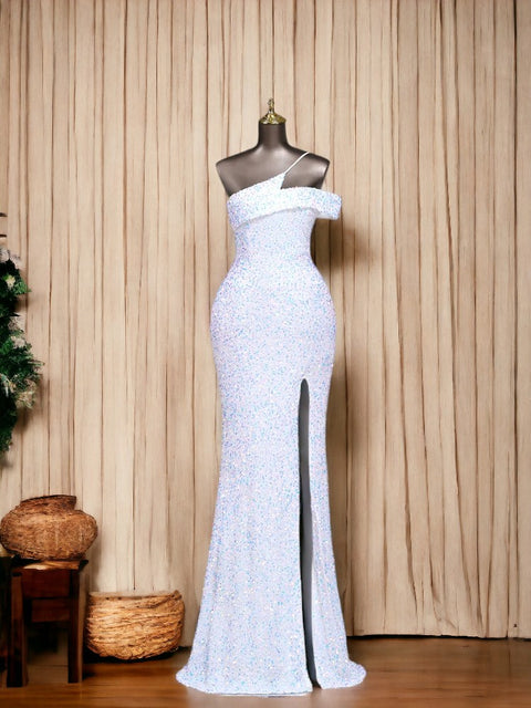 white Split Sequin Dresses With Straps