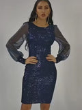 Moovie Blue Sequin Dress Sheer Sleeve