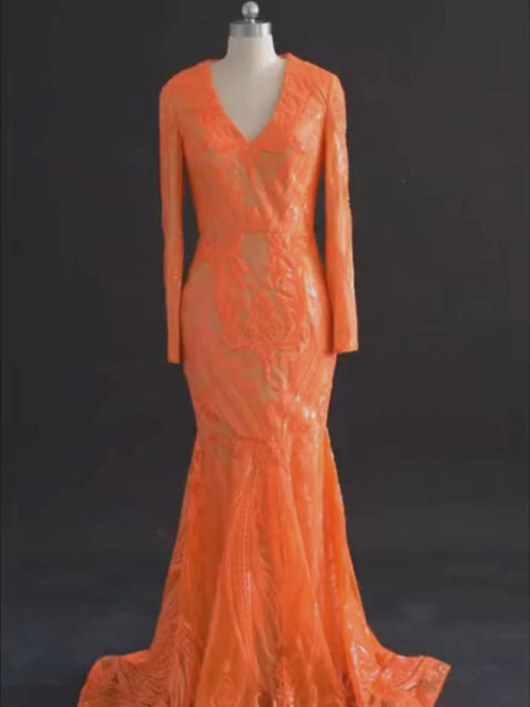 Moovie Orange Sequined Evening Dress