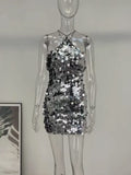 Moovie Short Silver Sequin Choker Dress