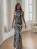 Moovie Long Black Dress With Silver Sequin Halter Neckline