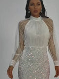 Moovie Short White Sequin Dress With Sheer Sleeves