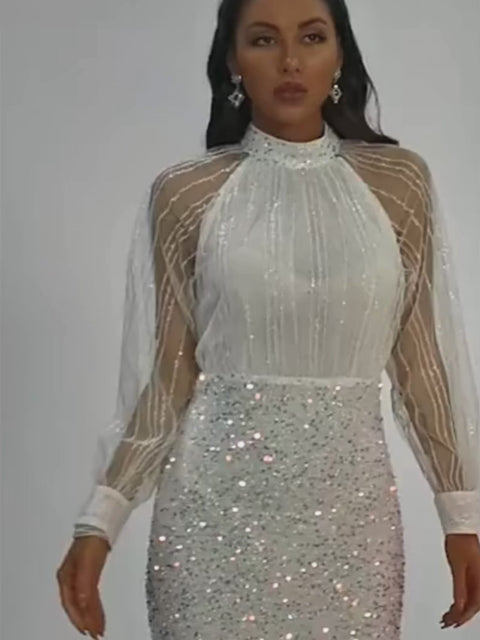 Moovie Short White Sequin Dress With Sheer Sleeves